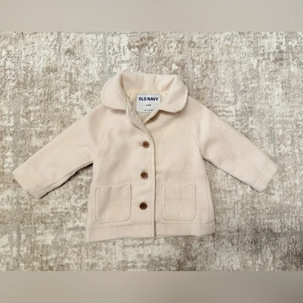 Old Navy Kids Beige Button Down Winter Formal Pea Coat size 6-12M- NWOT